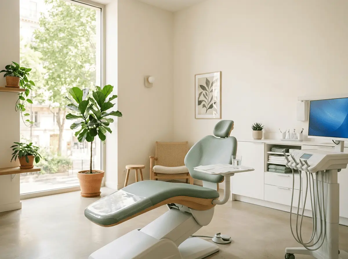 Salle de soins moderne et lumineuse d'un cabinet dentaire, fauteuil épuré et grande fenêtre — cabinet dentaire à Rennes