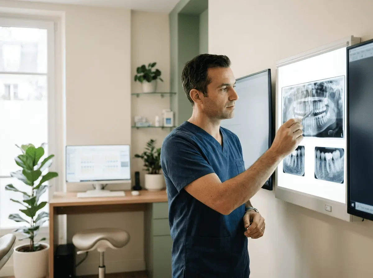 Chirurgien-dentiste analysant des radiographies dentaires sur un négatoscope lumineux — environnement de soins moderne, cabinet dentaire à Rennes